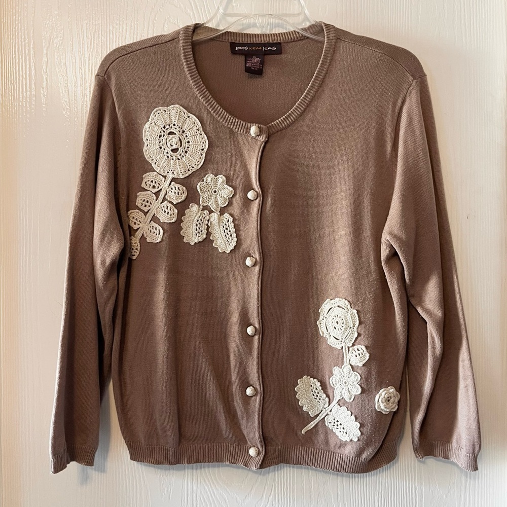 Jones Wear Tan  Cardigan with Cream Floral Stitching and Buttons